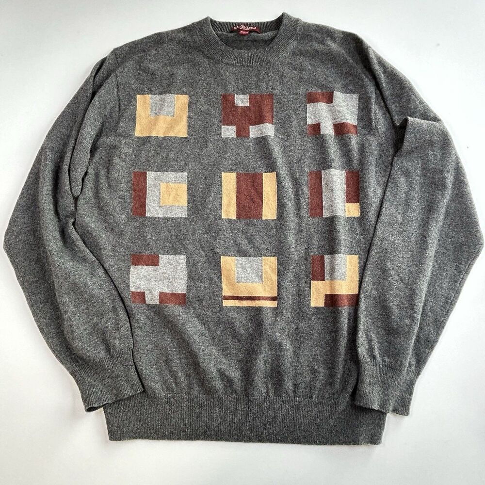 Murano by Raffi Wool Crewneck Sweater Size L Geometric Gray Multi Australia